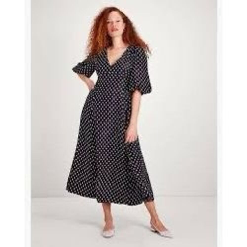 Kate Spade Size 0 Elbow Puff Sleeve Midi Dress Black White Polka Dot Preppy Twee